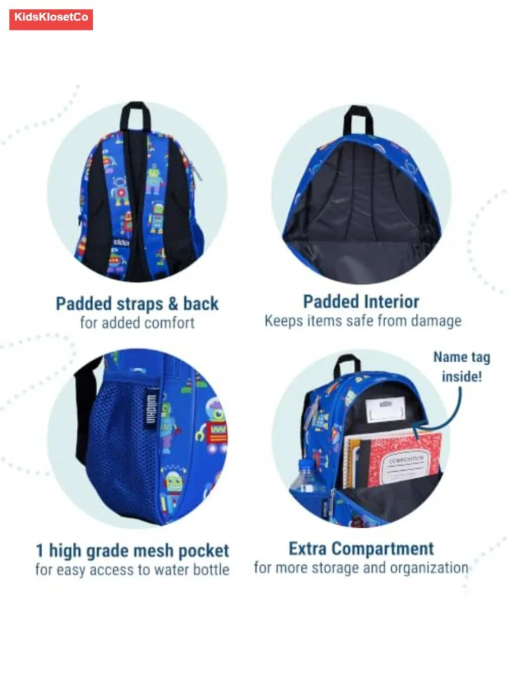 15 Inch Backpack for Elementary School, Padded Straps, Water Bottle Pocket